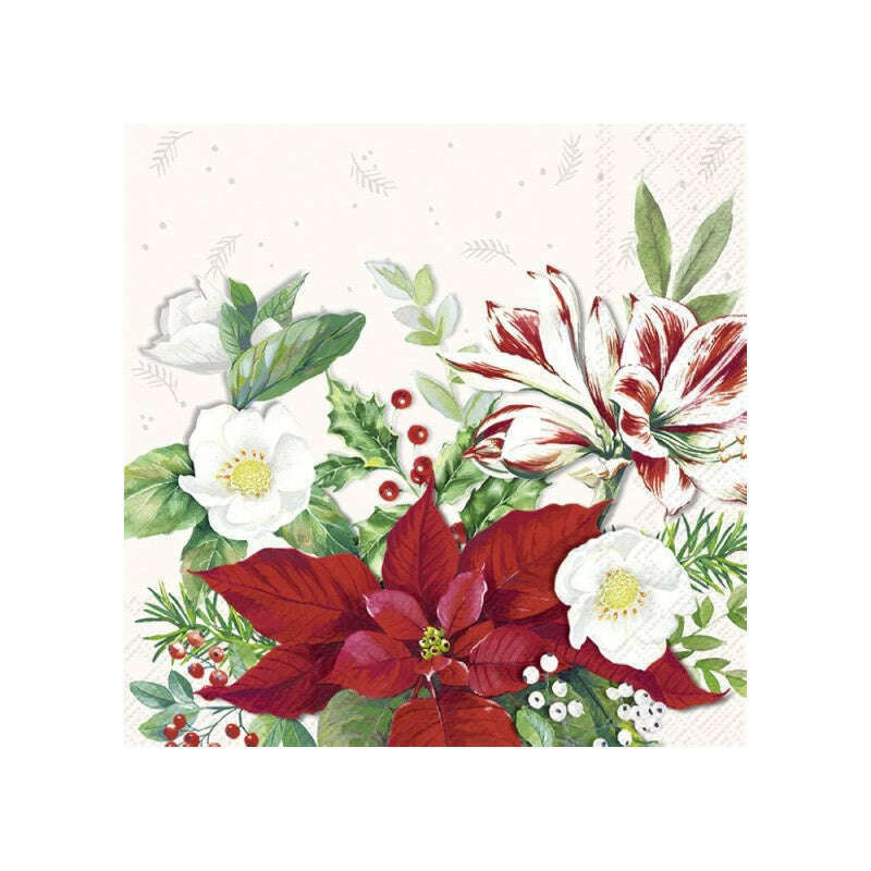 Cocktail Paper Napkins Christmas Florals White